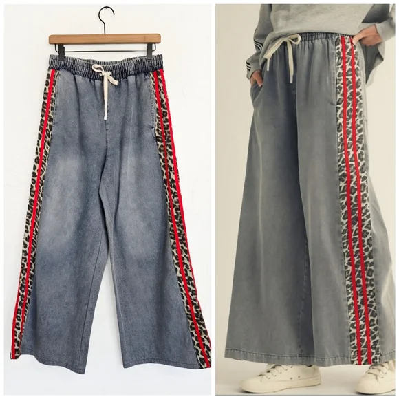 Jodifl Wide Leg Red Leopard Striped Track Elastic Waist Jeans, M - Picture 1 of 10